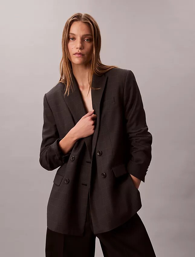 Blazer holgado de mezcla de lana con estampado de pata de gallo Blazer holgado de mezcla de lana con estampado de pata de gallo