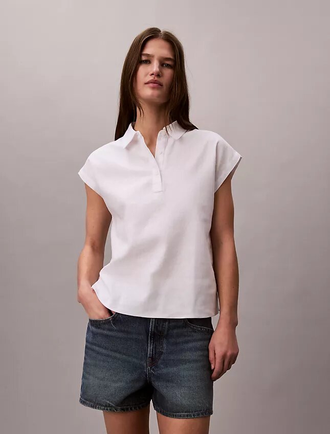 Blusa de manga corta de mezcla de lino Blusa de manga corta de mezcla de lino