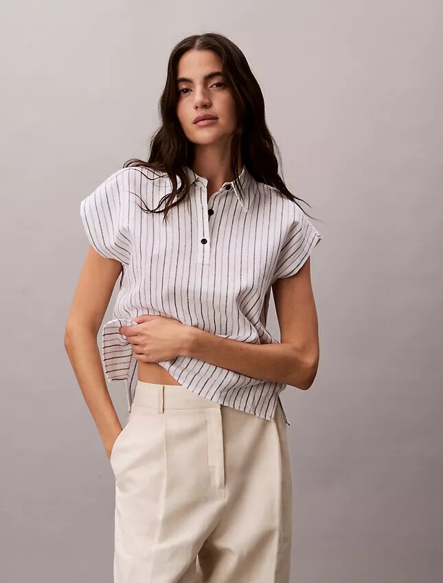 Blusa de manga corta de mezcla de lino Blusa de manga corta de mezcla de lino
