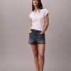 Blusa de manga corta de mezcla de lino Blusa de manga corta de mezcla de lino
