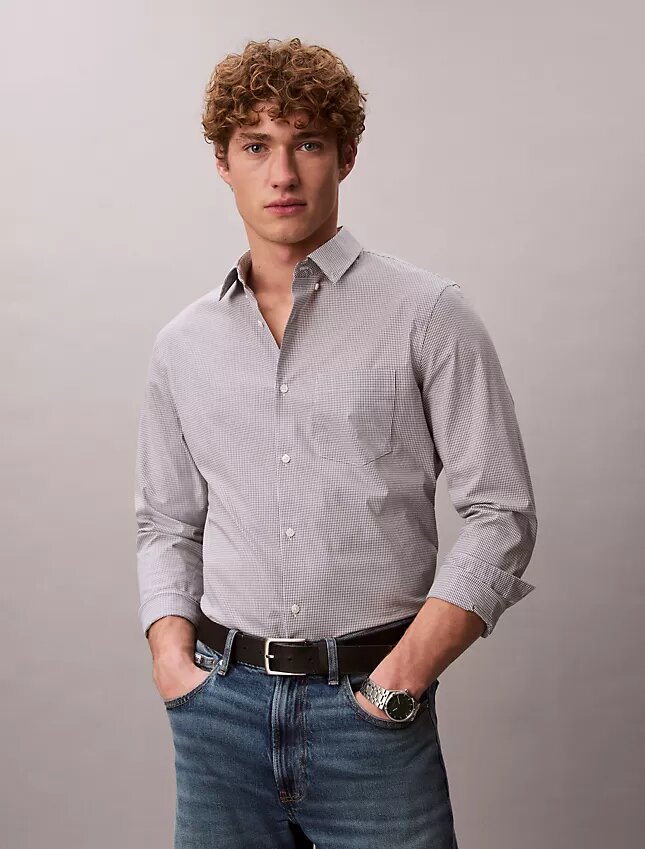 Camisa ajustada de algodón elástico con estampado de cuadros vichy y botones Camisa ajustada de algodón elástico con estampado de cuadros vichy y botones