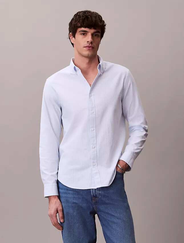 Camisa clásica Oxford de algodón elástico a rayas con botones Camisa clásica Oxford de algodón elástico a rayas con botones