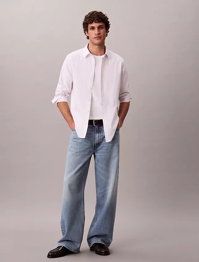 Camisa clásica Oxford de algodón elástico a rayas con botones Camisa clásica Oxford de algodón elástico a rayas con botones