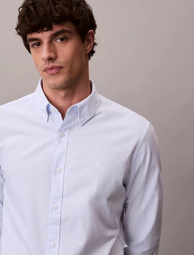 Camisa clásica Oxford de algodón elástico a rayas con botones Camisa clásica Oxford de algodón elástico a rayas con botones