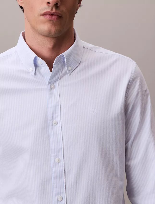 Camisa clásica Oxford de algodón elástico a rayas con botones Camisa clásica Oxford de algodón elástico a rayas con botones