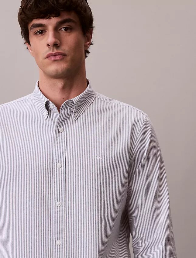 Camisa clásica Oxford de algodón elástico a rayas con botones Camisa clásica Oxford de algodón elástico a rayas con botones