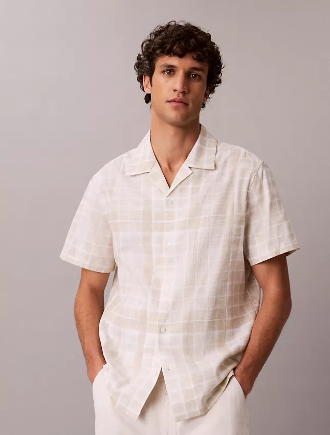 Camisa de cuadros de mezcla de lino con botones y corte holgado Camisa de cuadros de mezcla de lino con botones y corte holgado