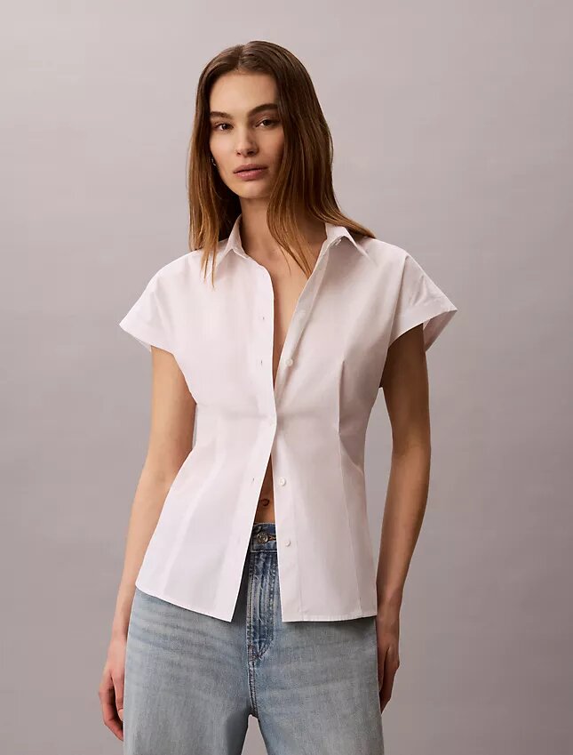 Camisa de manga corta con botones de popelín de algodón Camisa de manga corta con botones de popelín de algodón