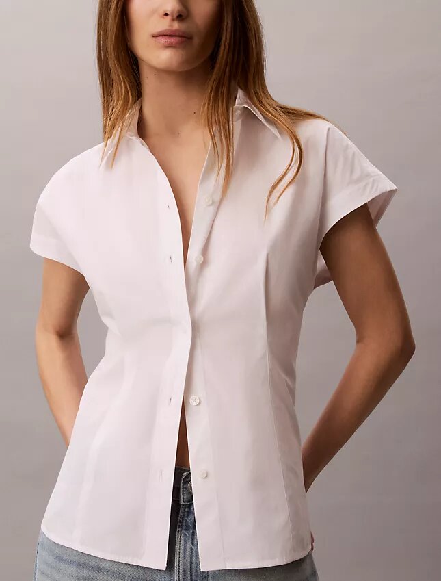 Camisa de manga corta con botones de popelín de algodón Camisa de manga corta con botones de popelín de algodón