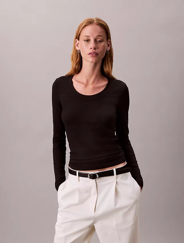 Camiseta ajustada de Modal elástico acanalado Camiseta ajustada de Modal elástico acanalado