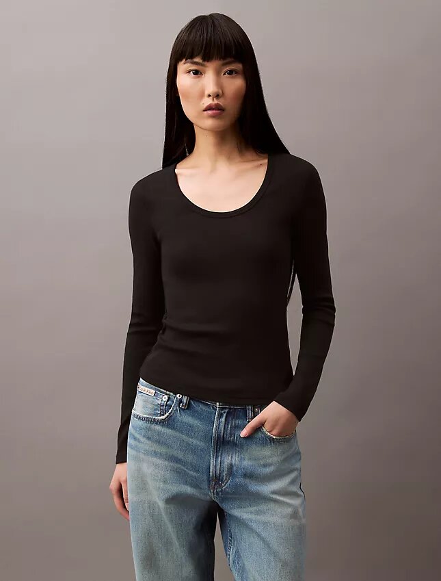 Camiseta de manga larga ajustada con ribete contorneado de algodón Camiseta de manga larga ajustada con ribete contorneado de algodón
