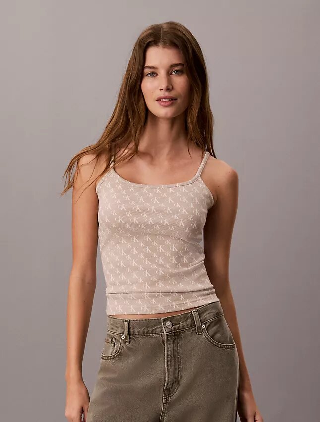 Camiseta sin mangas con monograma integral y canalé contorneado Camiseta sin mangas con monograma integral y canalé contorneado