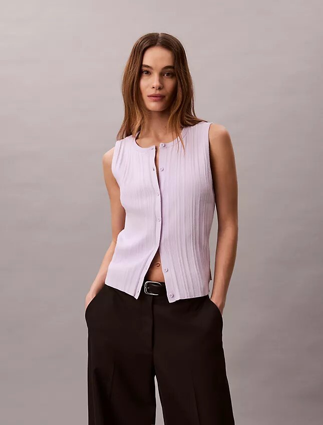 Camiseta sin mangas de algodón liso con botones y canalé Camiseta sin mangas de algodón liso con botones y canalé