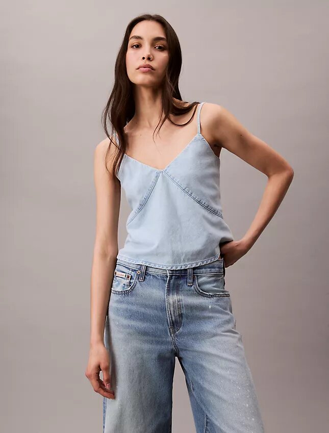 Camiseta sin mangas de Denim de mezcla de algodón y lino Camiseta sin mangas de Denim de mezcla de algodón y lino