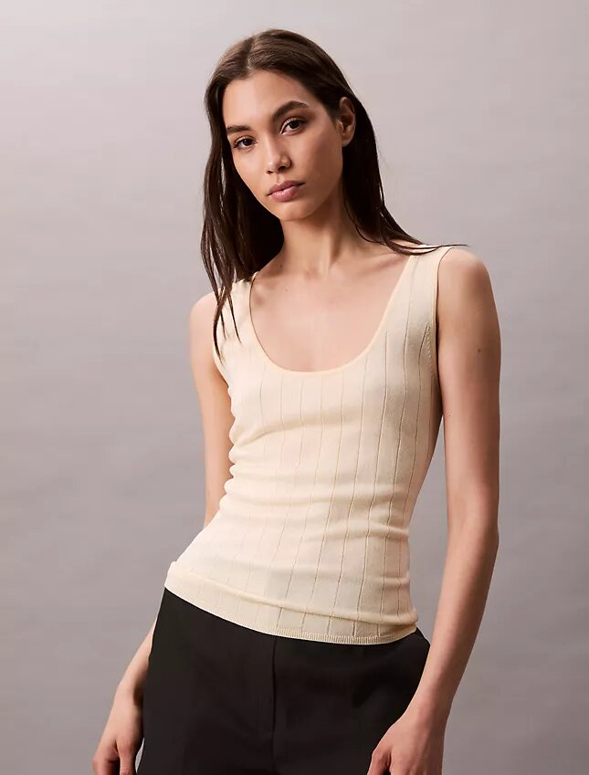 Camiseta sin mangas de mezcla de viscosa con canalé Camiseta sin mangas de mezcla de viscosa con canalé