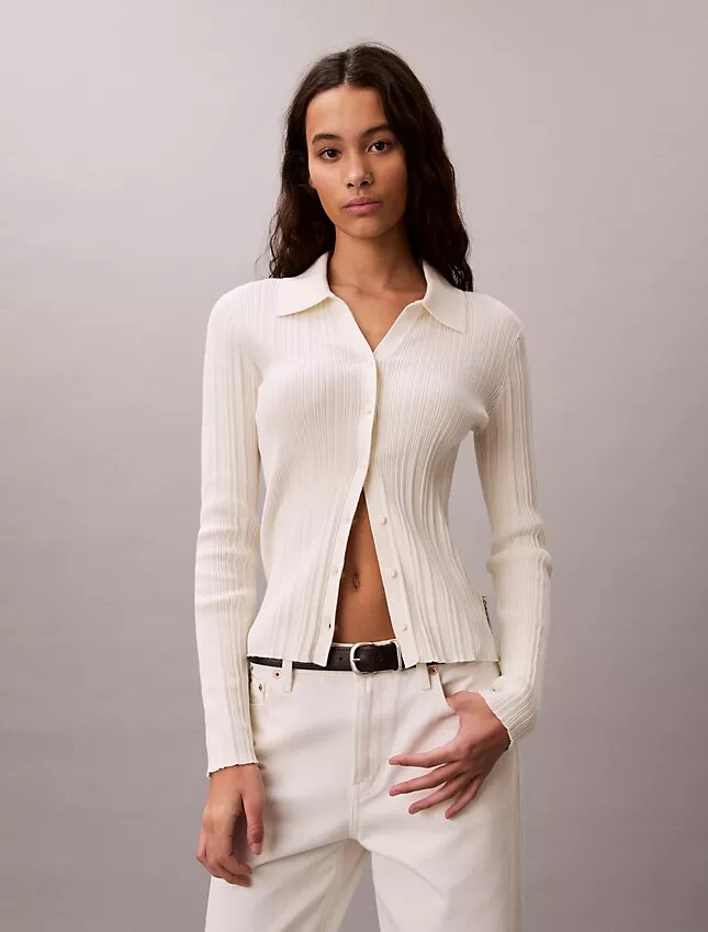 Cardigan polo de punto acanalado de algodón suave Cardigan polo de punto acanalado de algodón suave