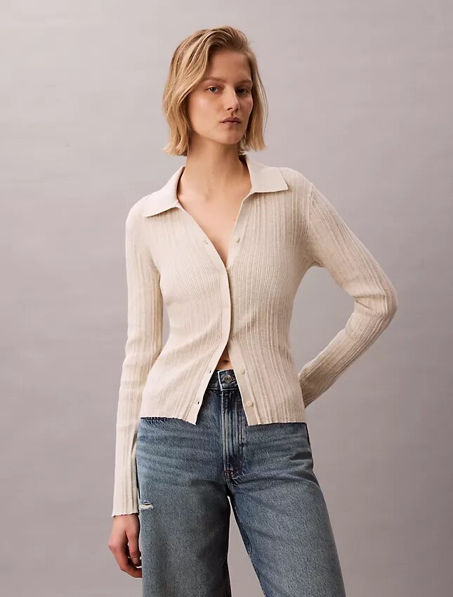 Cardigan polo de punto acanalado de algodón suave Cardigan polo de punto acanalado de algodón suave