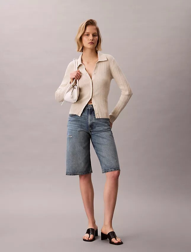 Cardigan polo de punto acanalado de algodón suave Cardigan polo de punto acanalado de algodón suave