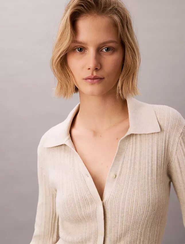 Cardigan polo de punto acanalado de algodón suave Cardigan polo de punto acanalado de algodón suave