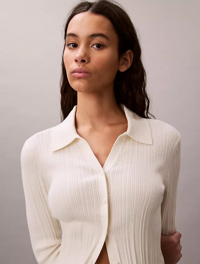 Cardigan polo de punto acanalado de algodón suave Cardigan polo de punto acanalado de algodón suave