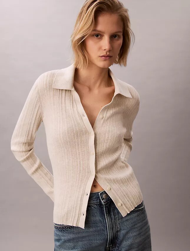 Cardigan polo de punto acanalado de algodón suave Cardigan polo de punto acanalado de algodón suave