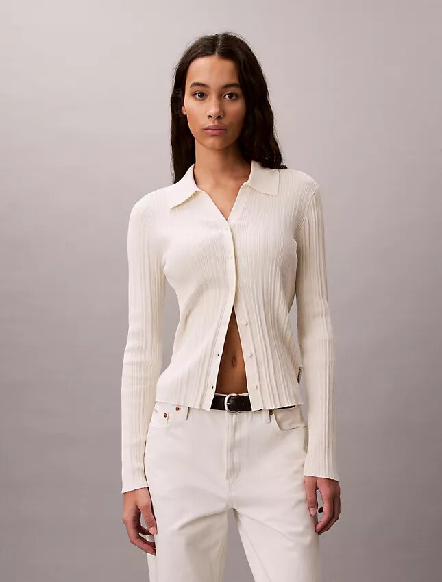 Cardigan polo de punto acanalado de algodón suave Cardigan polo de punto acanalado de algodón suave