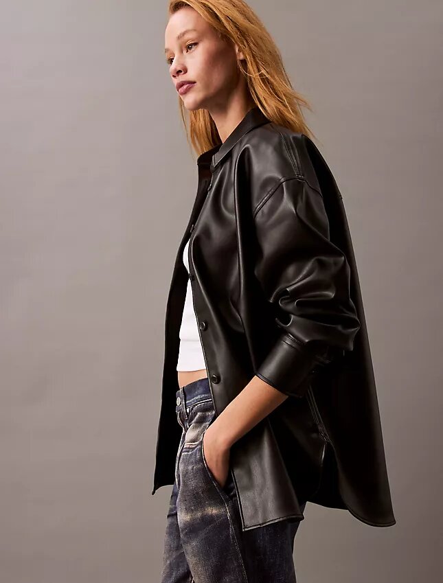 Chaqueta tipo camisa holgada de imitación de cuero Chaqueta tipo camisa holgada de imitación de cuero
