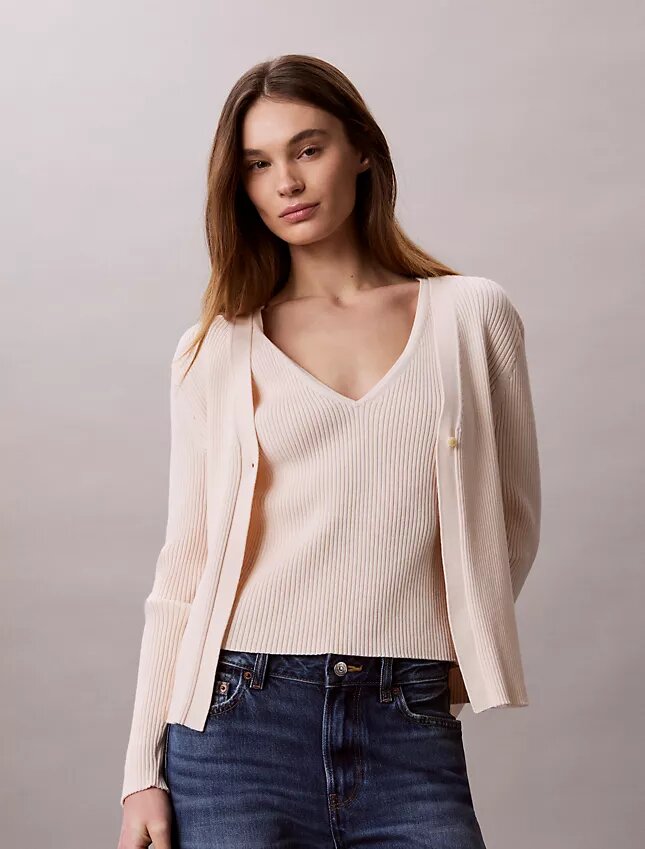 Conjunto de camiseta sin mangas y cárdigan de algodón acanalado Conjunto de camiseta sin mangas y cárdigan de algodón acanalado