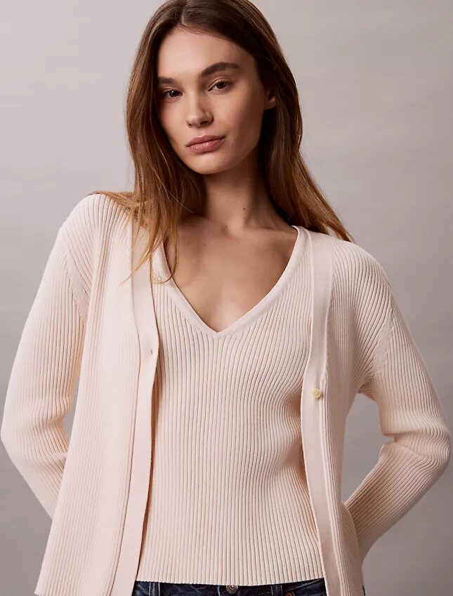 Conjunto de camiseta sin mangas y cárdigan de algodón acanalado Conjunto de camiseta sin mangas y cárdigan de algodón acanalado