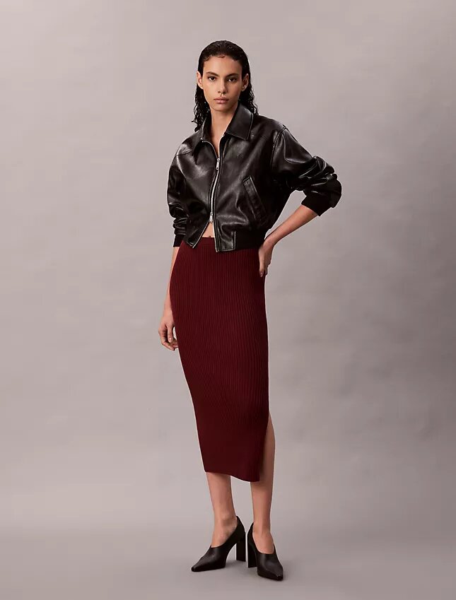 Falda midi de algodón liso acanalado Falda midi de algodón liso acanalado