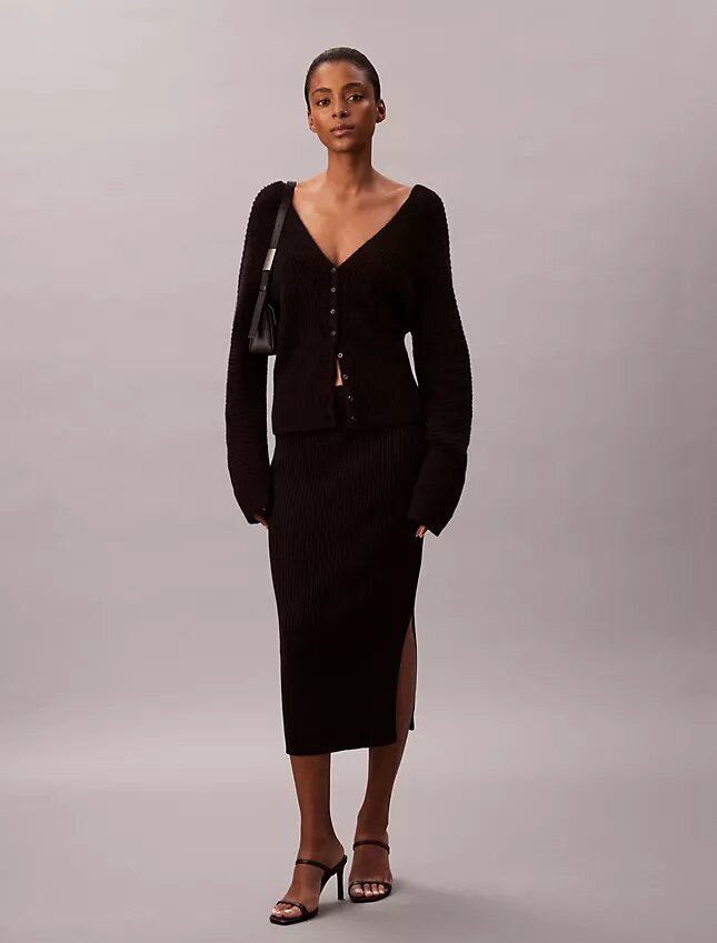 Falda midi de algodón liso acanalado Falda midi de algodón liso acanalado