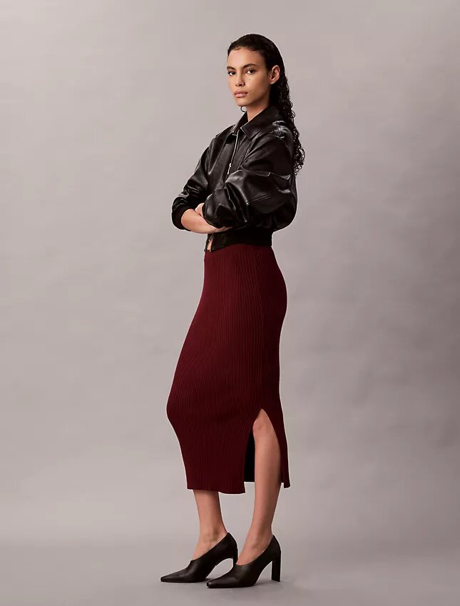 Falda midi de algodón liso acanalado Falda midi de algodón liso acanalado