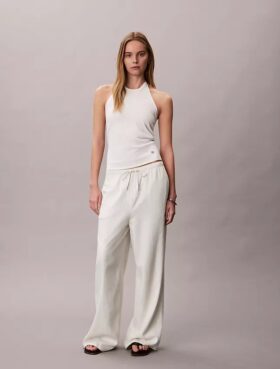 Pantalones anchos con cordón de mezcla de lino