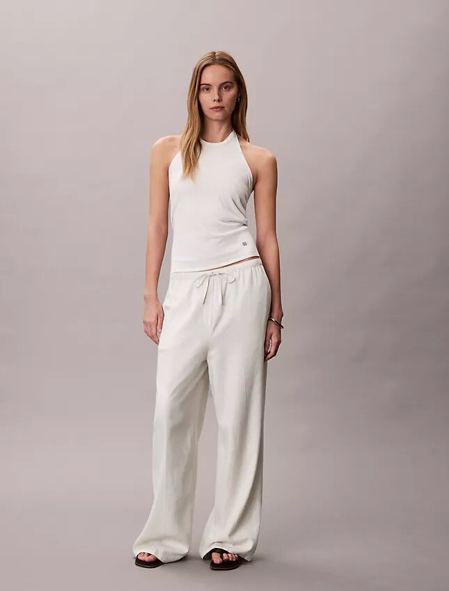 Pantalones anchos con cordón de mezcla de lino Pantalones anchos con cordón de mezcla de lino