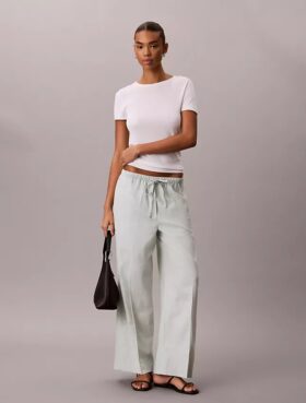 Pantalones anchos con cordón de mezcla de lino