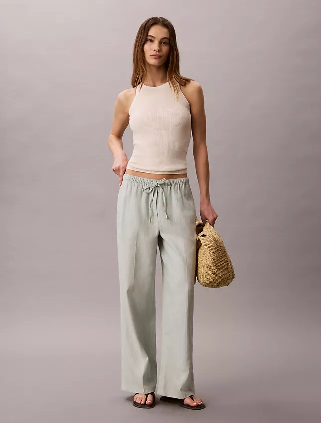 Pantalones anchos con cordón de mezcla de lino Pantalones anchos con cordón de mezcla de lino