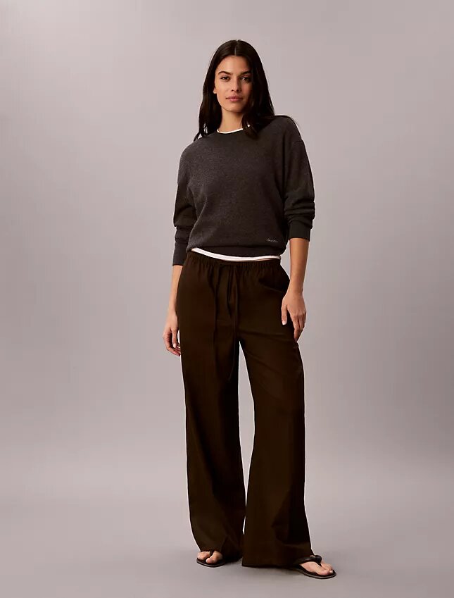 Pantalones anchos con cordón de mezcla de lino Pantalones anchos con cordón de mezcla de lino