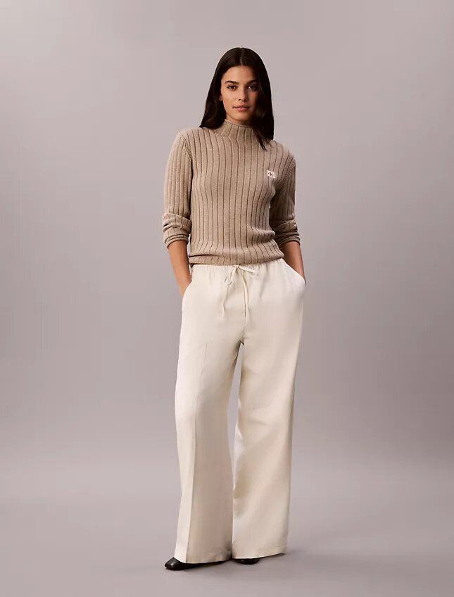 Pantalones anchos con cordón de mezcla de lino Pantalones anchos con cordón de mezcla de lino