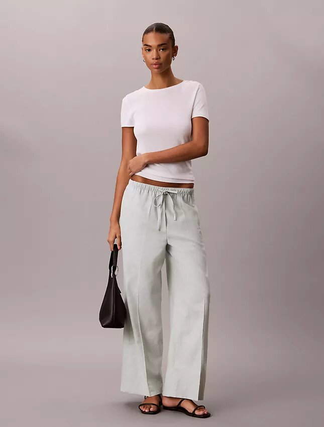 Pantalones anchos con cordón de mezcla de lino Pantalones anchos con cordón de mezcla de lino