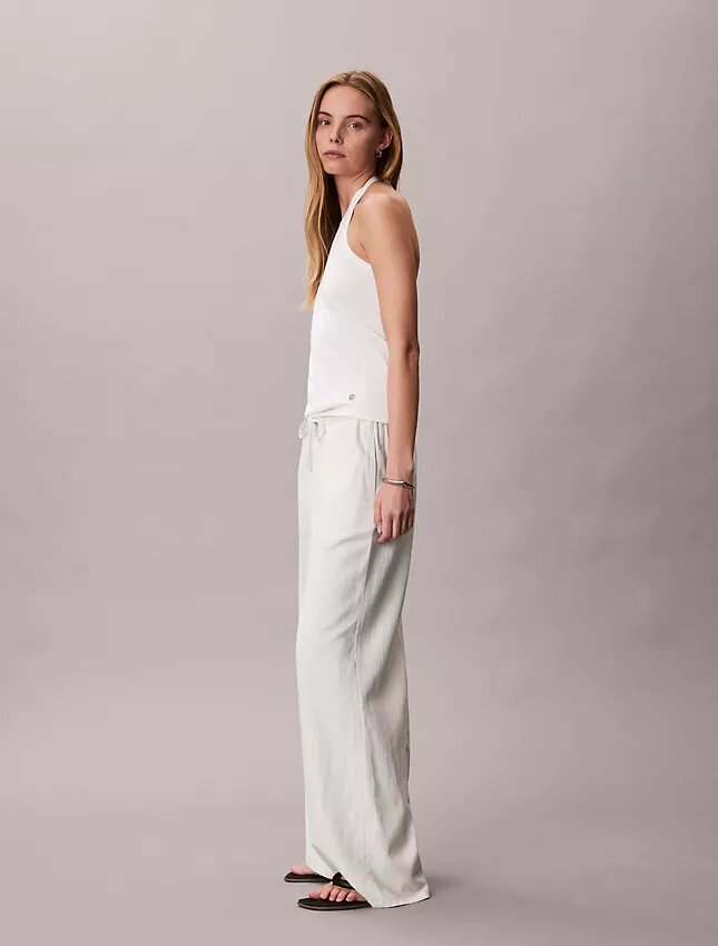 Pantalones anchos con cordón de mezcla de lino Pantalones anchos con cordón de mezcla de lino