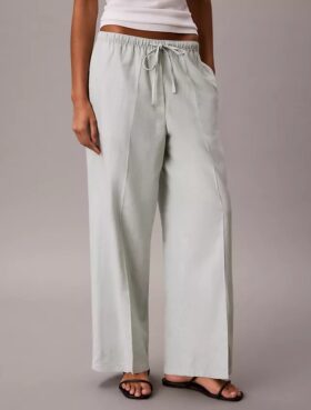 Pantalones anchos con cordón de mezcla de lino