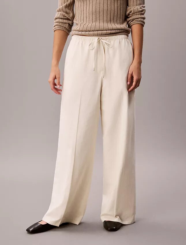 Pantalones anchos con cordón de mezcla de lino Pantalones anchos con cordón de mezcla de lino