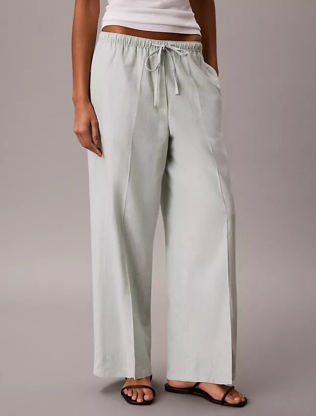 Pantalones anchos con cordón de mezcla de lino Pantalones anchos con cordón de mezcla de lino