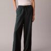 Pantalones anchos con cordón de mezcla de lino Pantalones anchos con cordón de mezcla de lino
