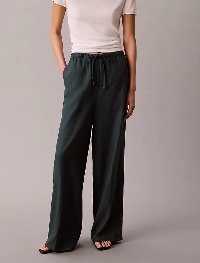 Pantalones anchos con cordón de mezcla de lino Pantalones anchos con cordón de mezcla de lino