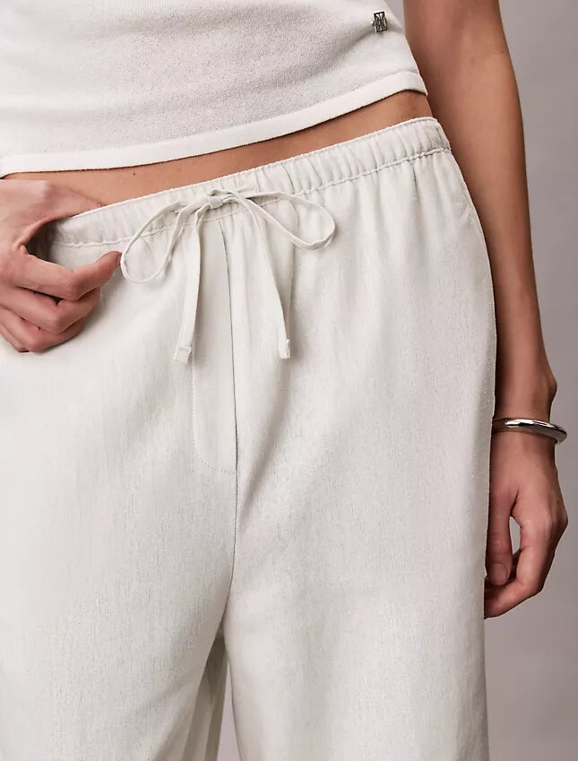 Pantalones anchos con cordón de mezcla de lino Pantalones anchos con cordón de mezcla de lino