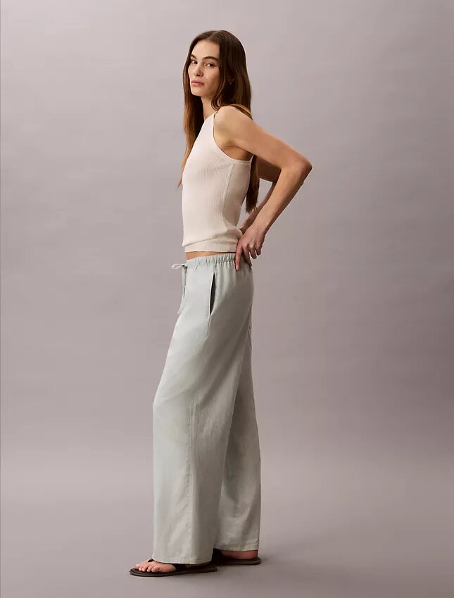 Pantalones anchos con cordón de mezcla de lino Pantalones anchos con cordón de mezcla de lino