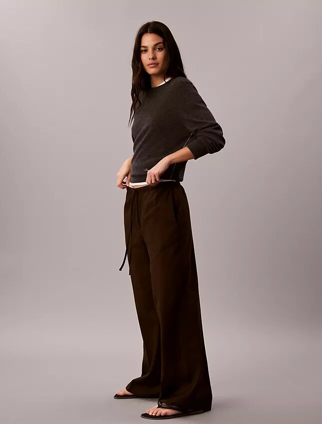 Pantalones anchos con cordón de mezcla de lino Pantalones anchos con cordón de mezcla de lino