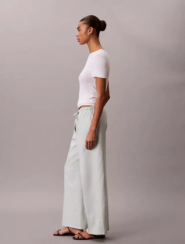 Pantalones anchos con cordón de mezcla de lino Pantalones anchos con cordón de mezcla de lino