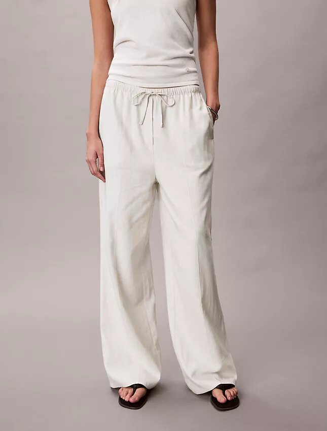 Pantalones anchos con cordón de mezcla de lino Pantalones anchos con cordón de mezcla de lino